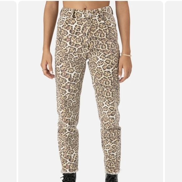 Adika Pia Straight Fit High Rise Jeans in Animal Print & Fringe Hem Sz L/30 NWT - Picture 2 of 11